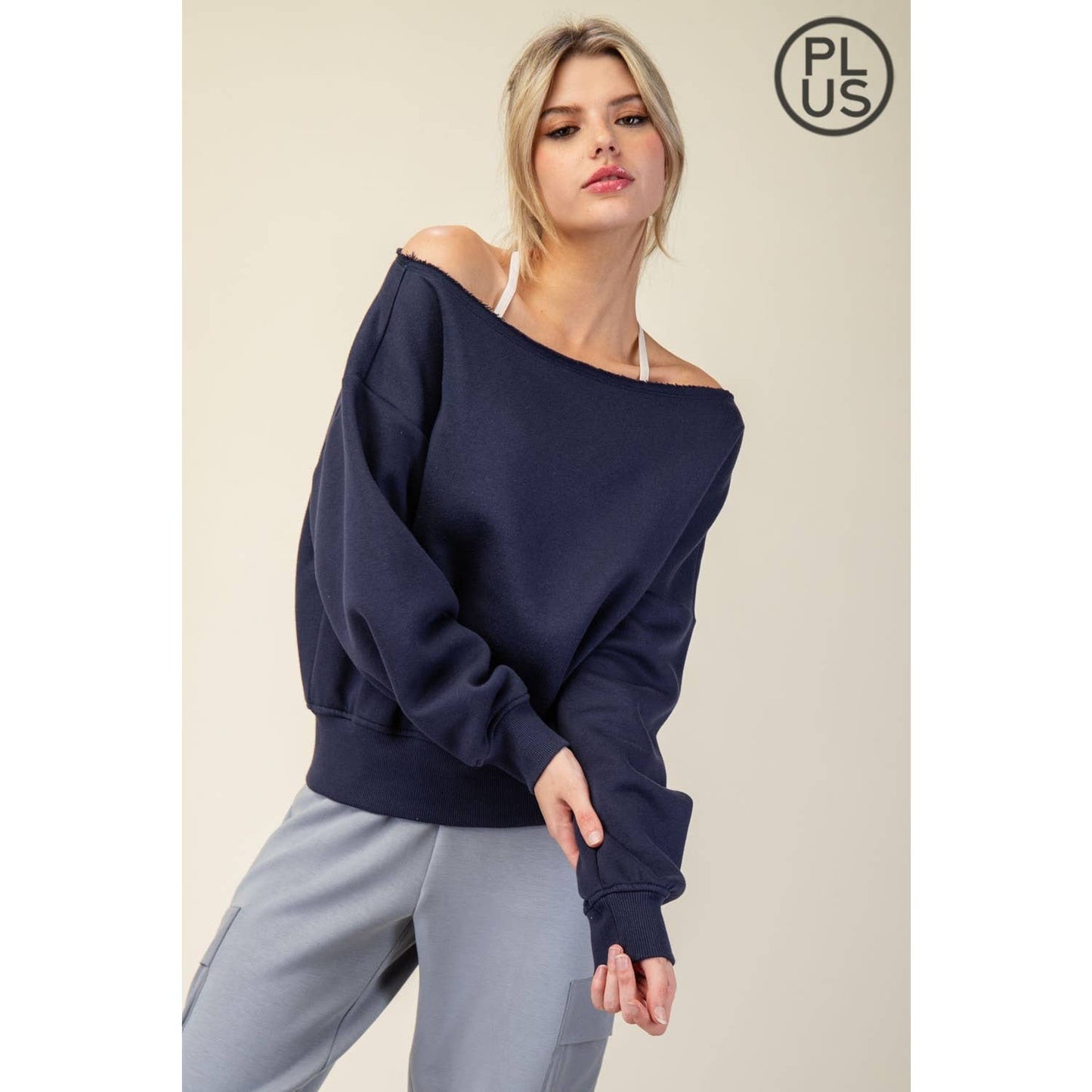 FRENCH TERRY FLEECE OFF SHOULDER TOP - Plus/Curvy
