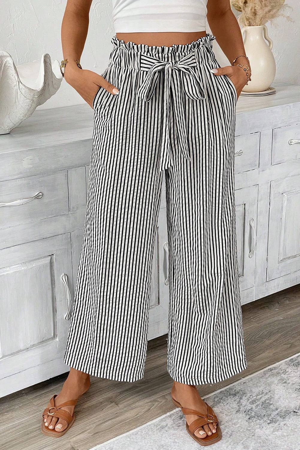 Striped Tie Knot Wide Leg Pants