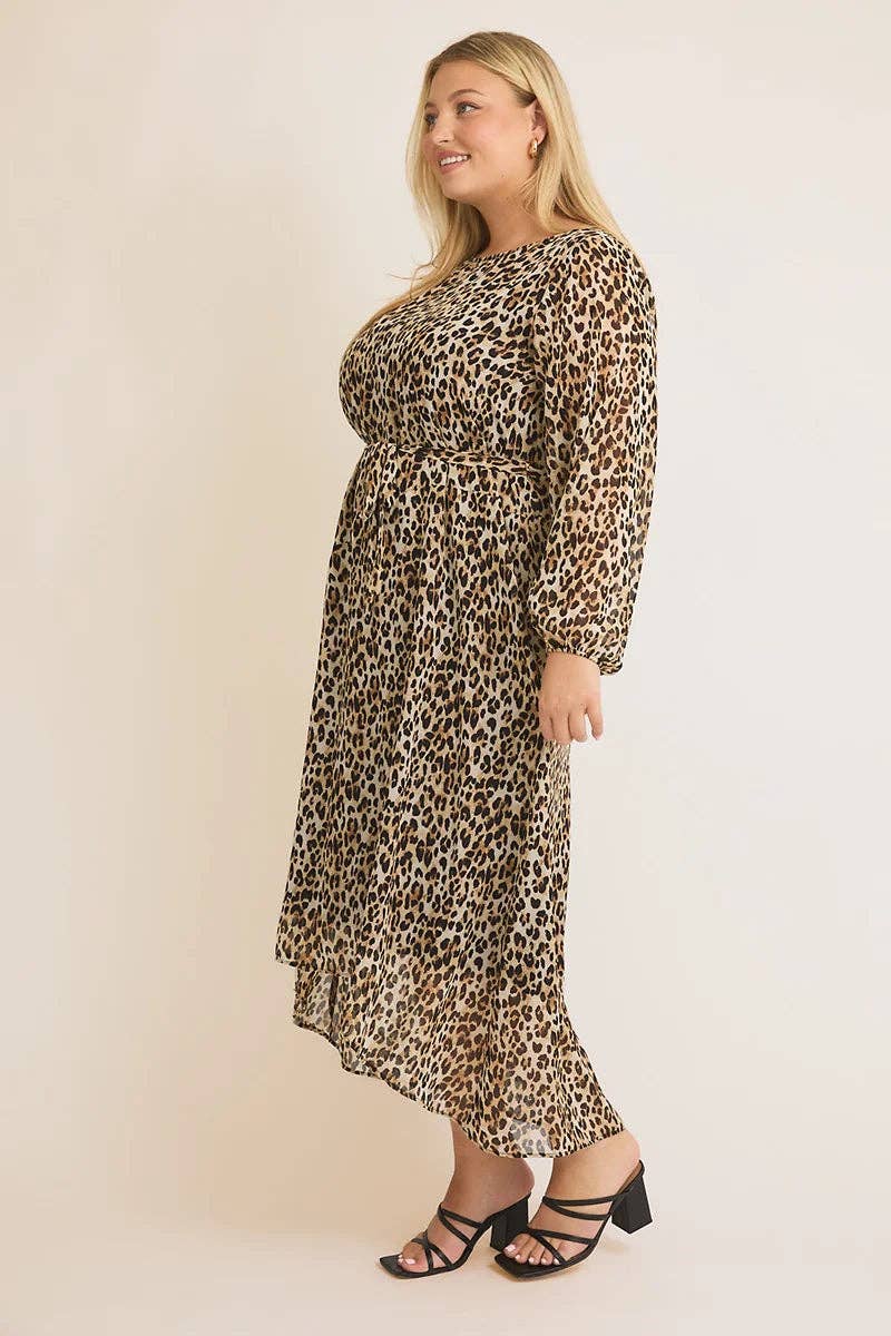 Plus Size Leopard Chiffon Front Tie Asymmetric Dress