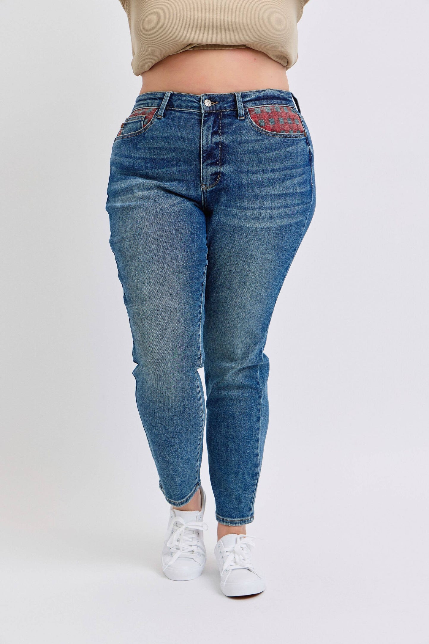 Judy Blue Plus Size High Waisted Plaid Patch Slim Jeans