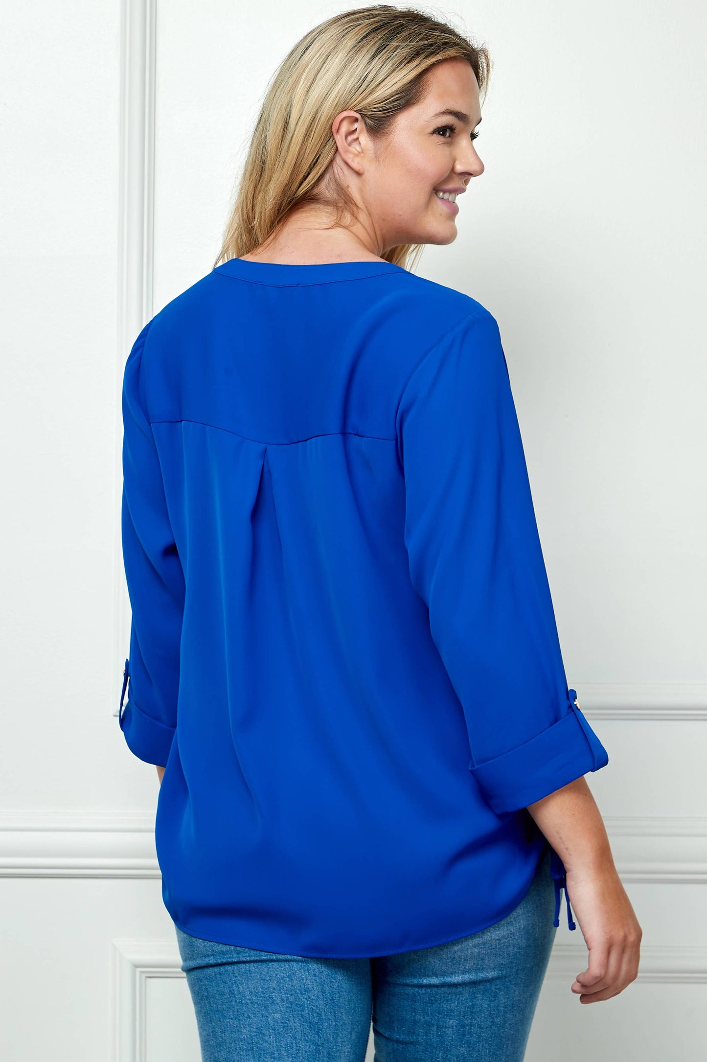 Plus Size Tab Sleeve Mandarin Collar Button Front Shirt