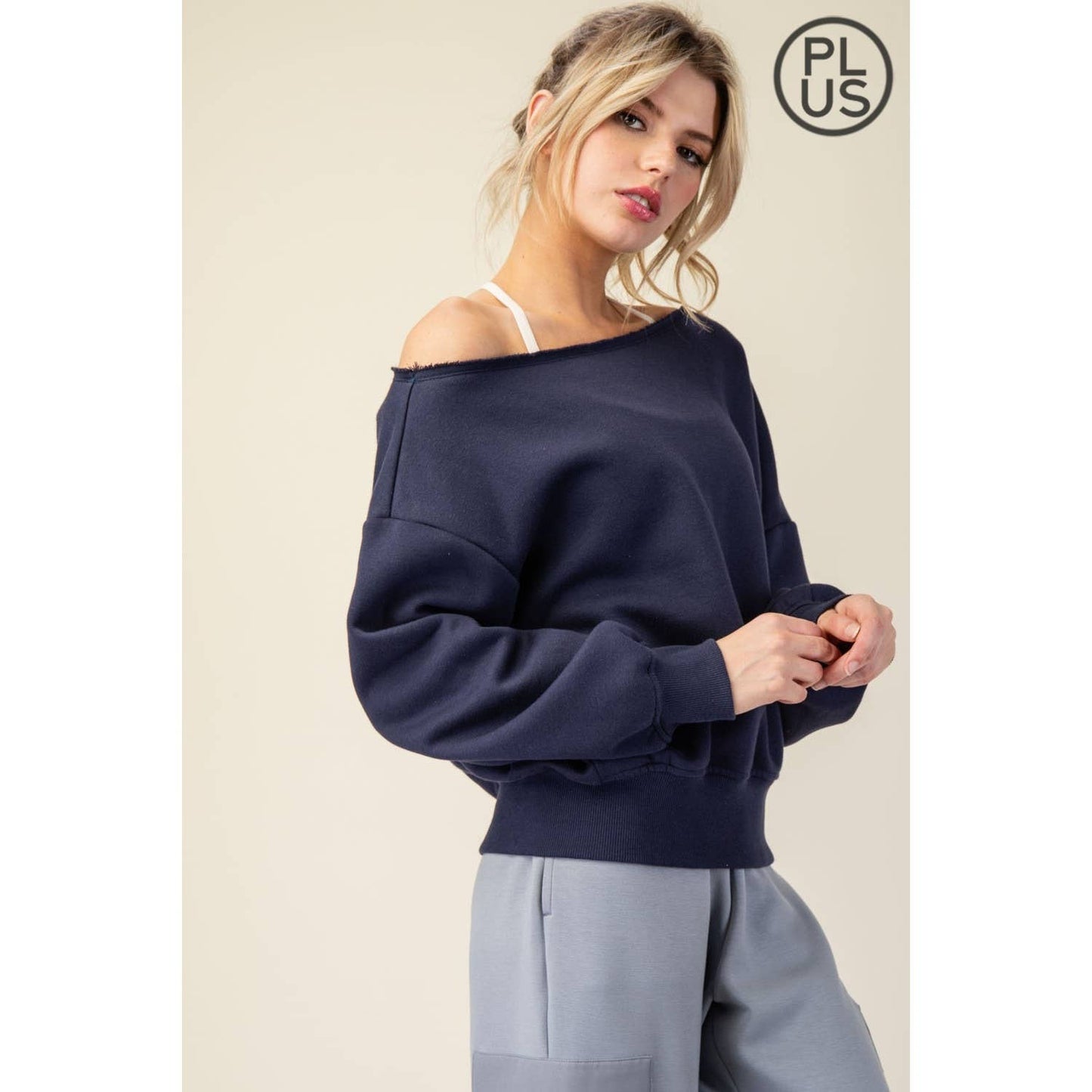 FRENCH TERRY FLEECE OFF SHOULDER TOP - Plus/Curvy