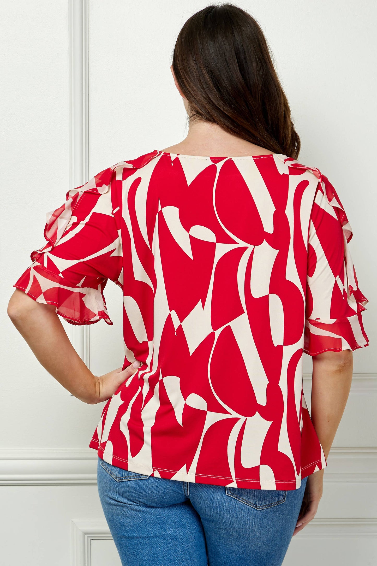 Plus Size Wildly Abstract Boatneck Top with Ruffle Sleeves
