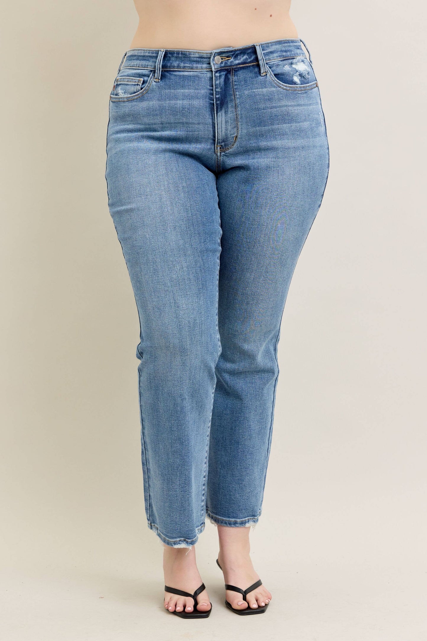 Judy Blue Plus Size Mid Rise Vintage Wash Bootcut Jeans with Distressed Hem