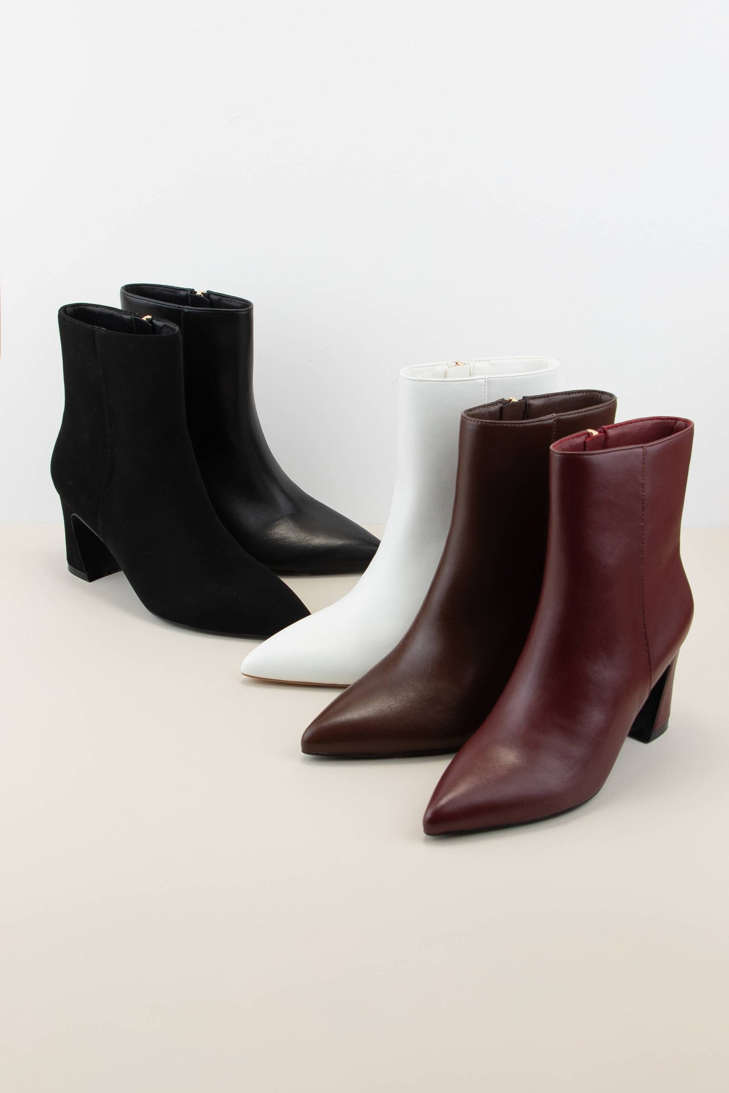Pointed Toe Block Heel Booties – Faux PU/Nubuck, Zip-Up Slim Fit