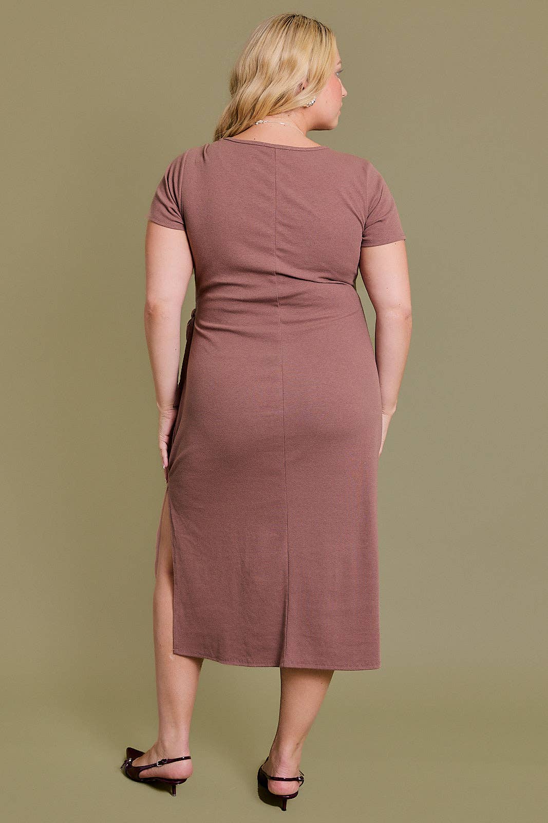 Plus Size Ribbed Waist Tie Midi Dress