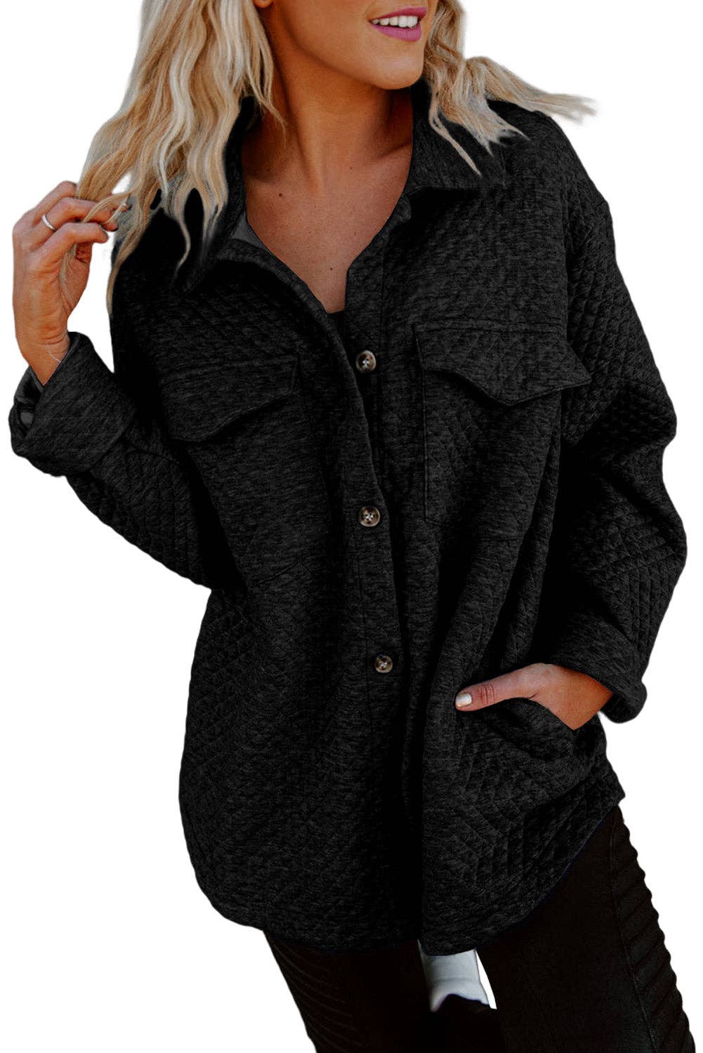 Edgy Lattice Textured Shacket with Retro Flap Pockets