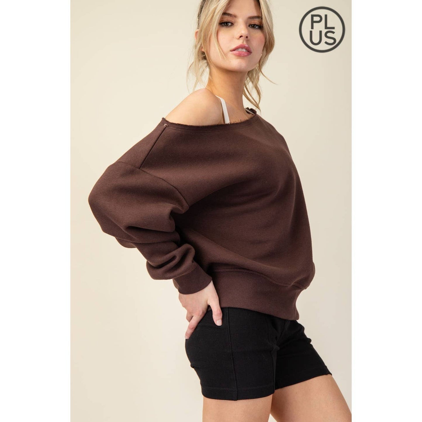 FRENCH TERRY FLEECE OFF SHOULDER TOP - Plus/Curvy