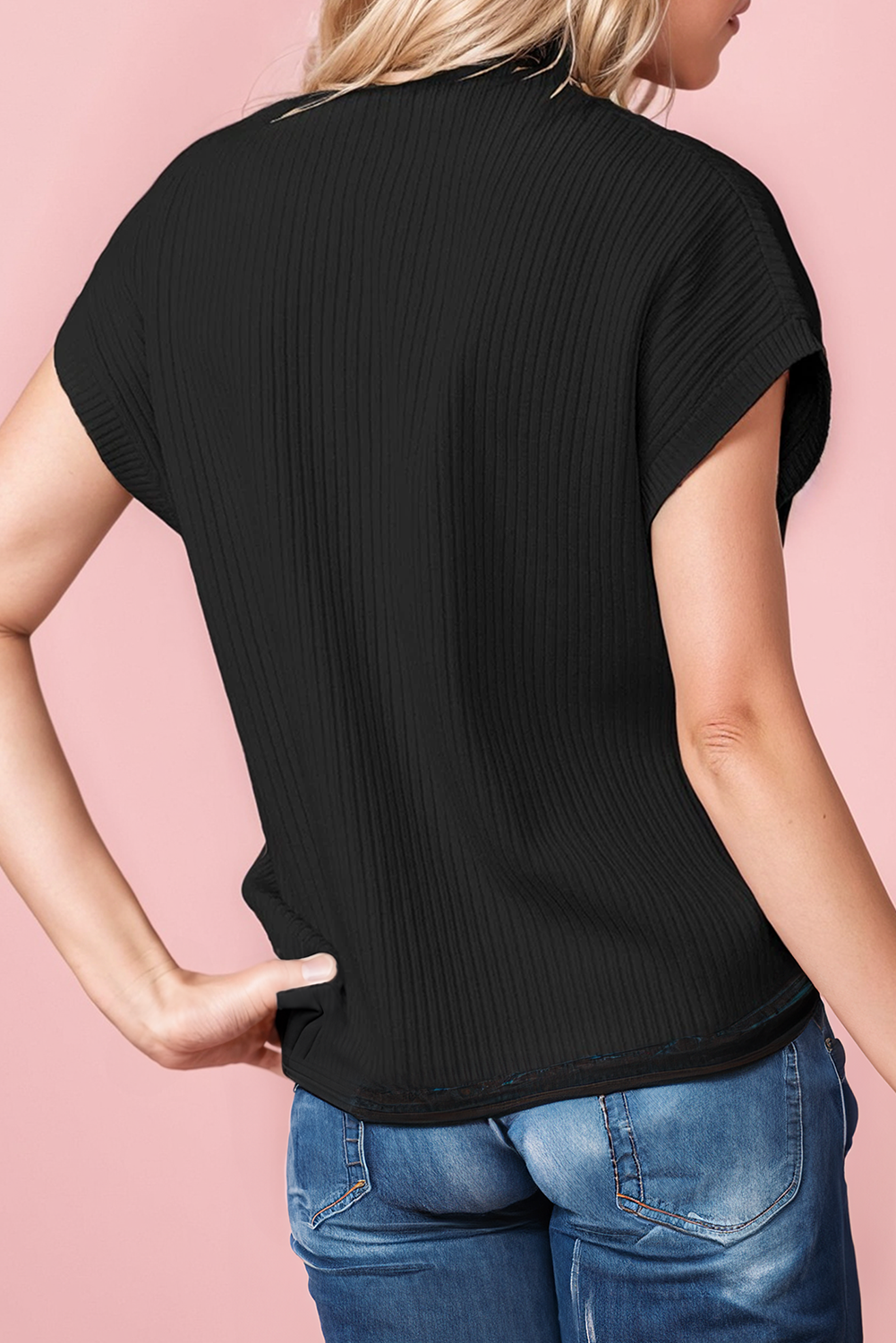 Back to School Patch Pocket Ribbed Knit Short Sleeve Sweater