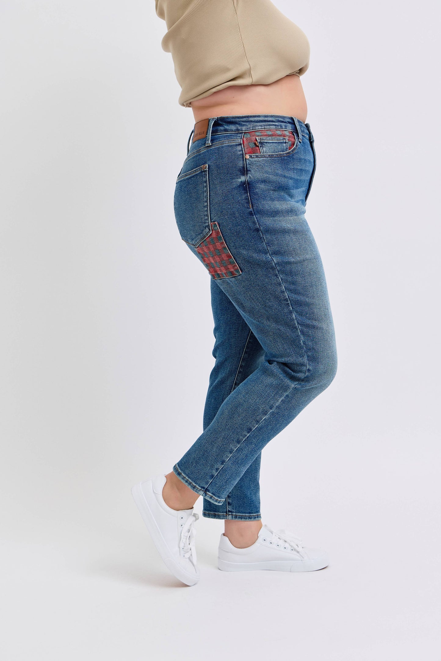 Judy Blue Plus Size High Waisted Plaid Patch Slim Jeans