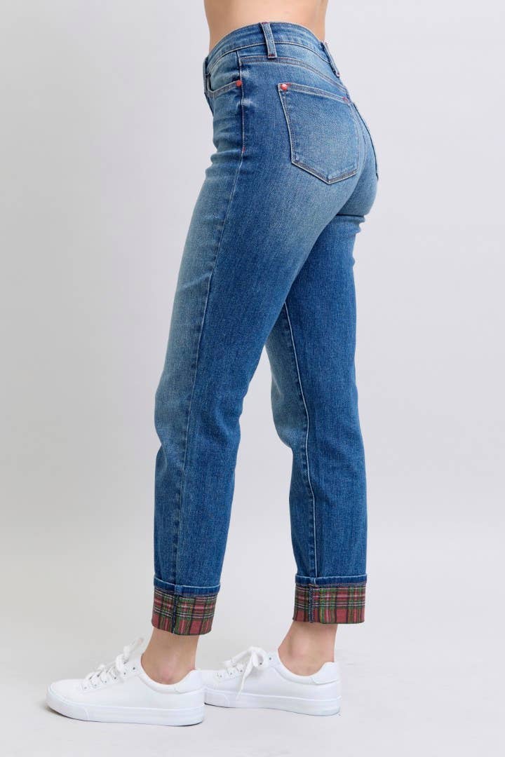 MR Plaid Print Cuff Boyfriend Jeans by Judy Blue – Medium Wash, Cuffed or Uncuffed
