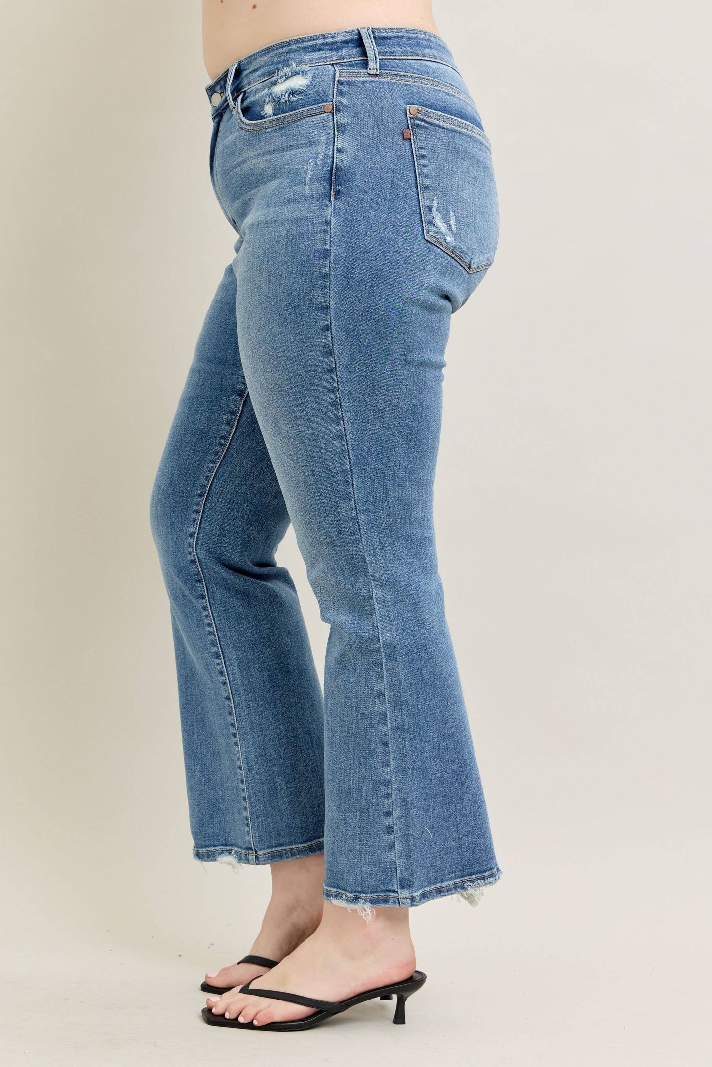 Judy Blue Plus Size Mid Rise Vintage Wash Bootcut Jeans with Distressed Hem