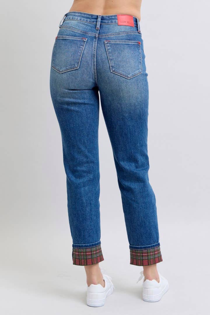 MR Plaid Print Cuff Boyfriend Jeans by Judy Blue – Medium Wash, Cuffed or Uncuffed