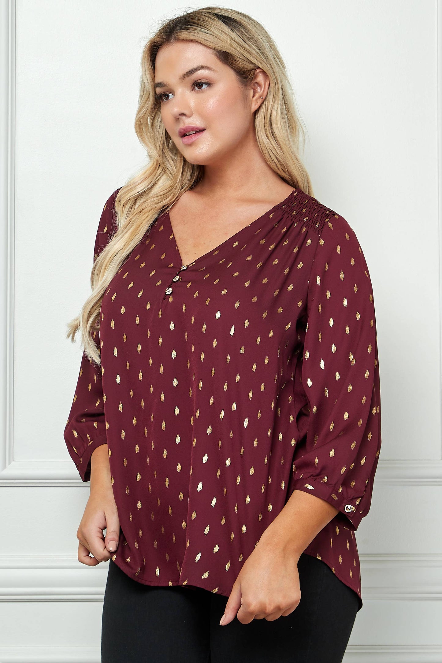 Plus Size Gold Dash Foil Blouse – Cuff Sleeve Smock Shoulder V-Neck