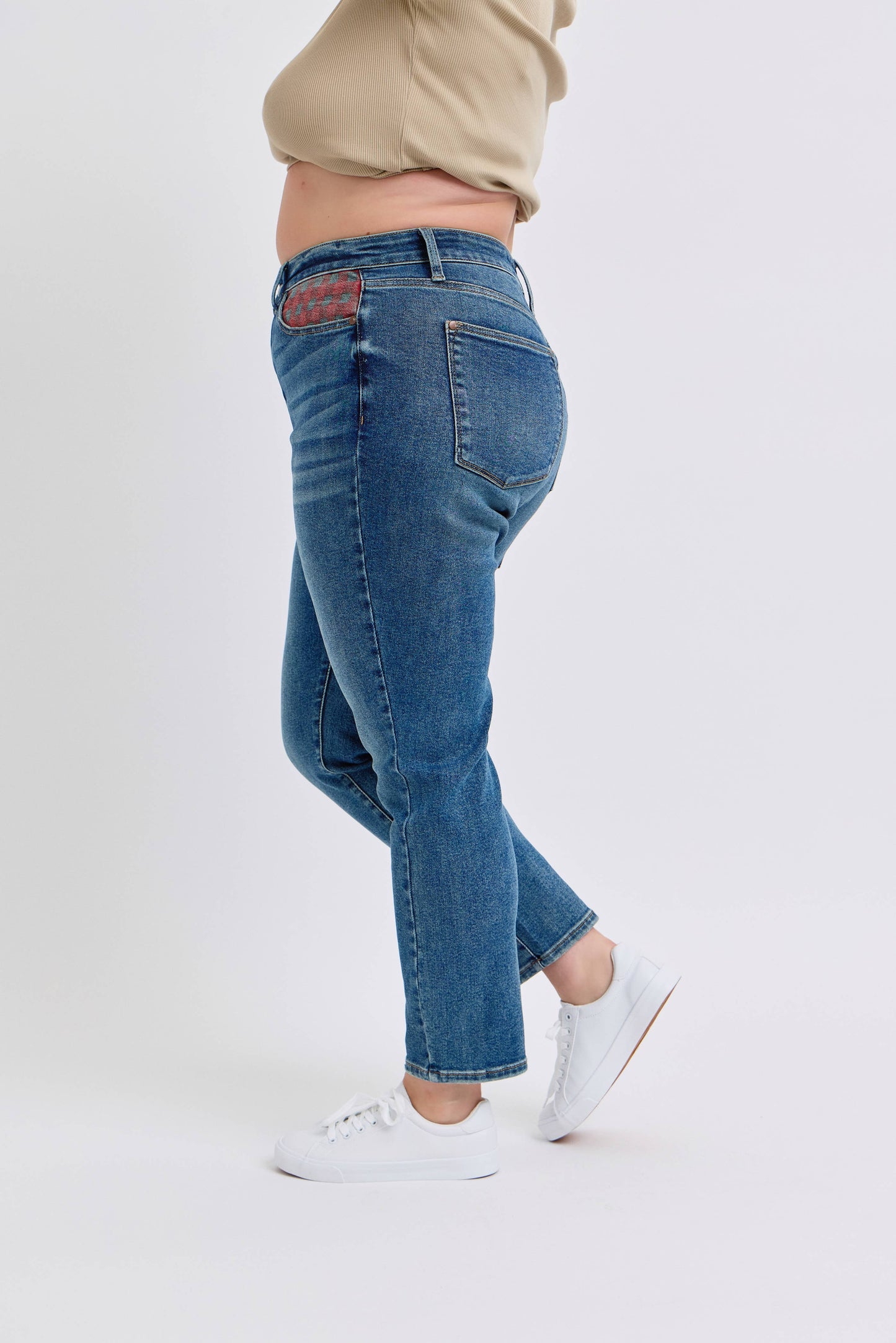 Judy Blue Plus Size High Waisted Plaid Patch Slim Jeans