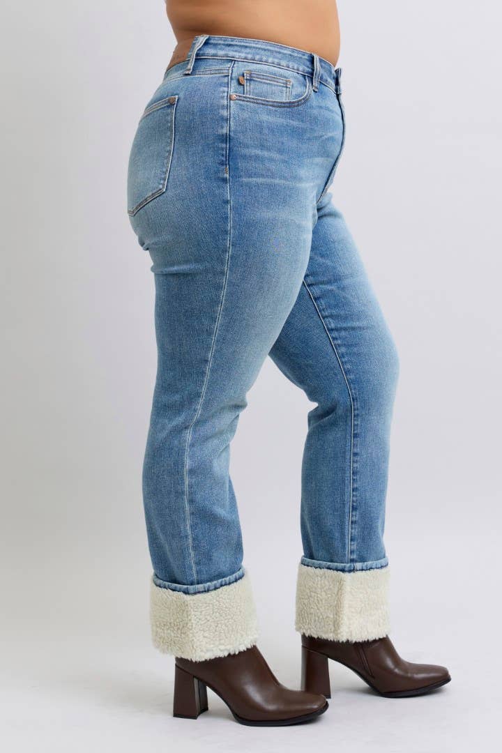 Judy Blue Plus Size High Waisted Shearling Cuff Straight Jeans