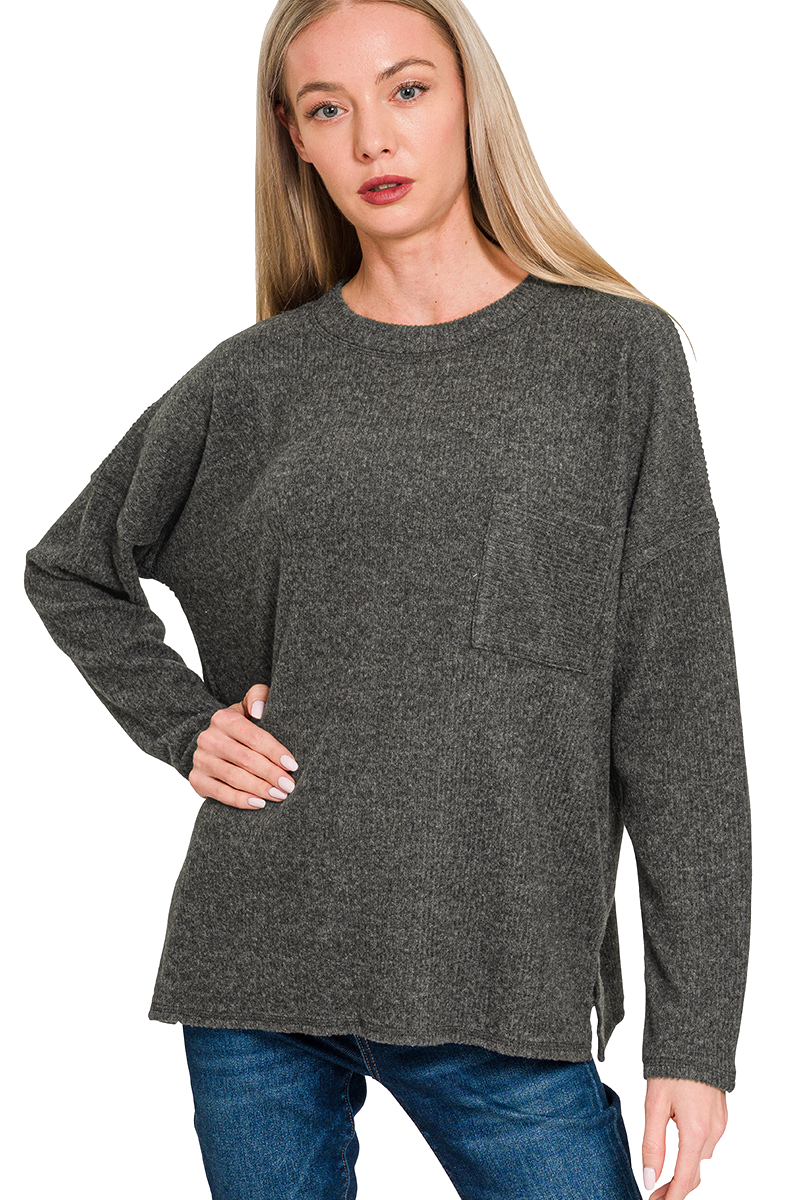 RIBBED BRUSHED MELANGE HACCI SWEATER WITH A POCKET