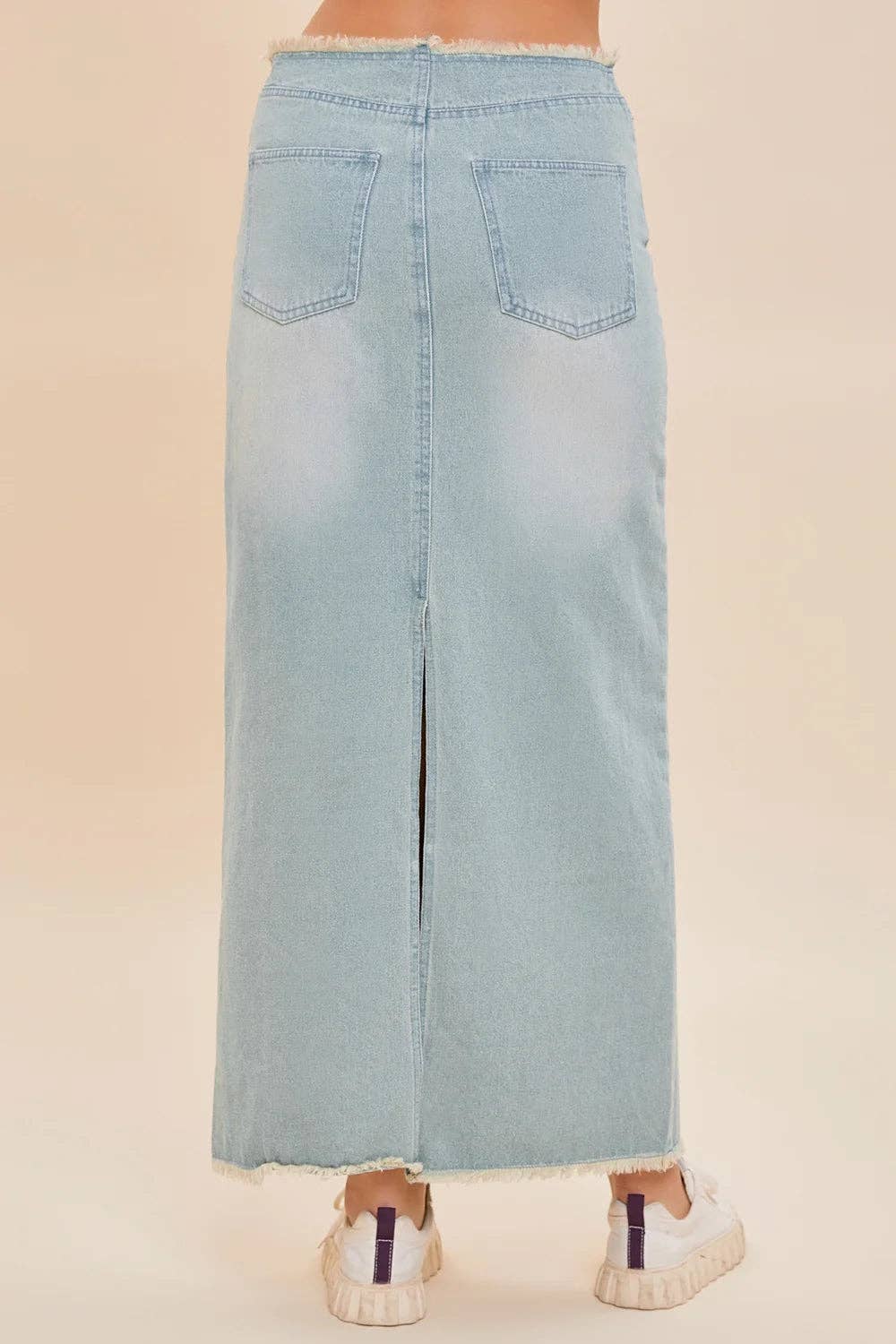 Frayed Back Slit Maxi Denim Skirt