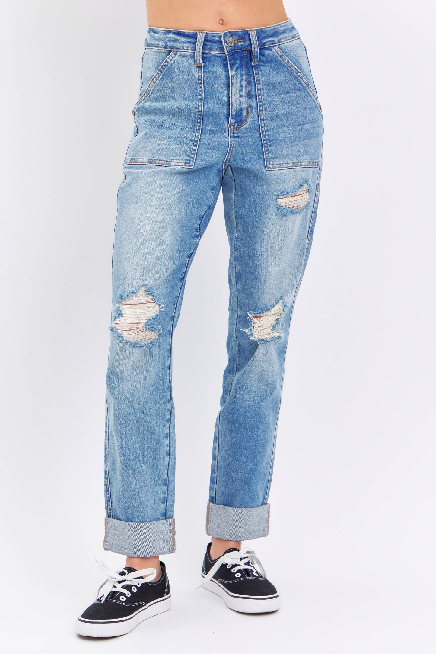Judy Blue Plus Size High Waisted Distressed Boyfriend Jeans with Patch Pockets
