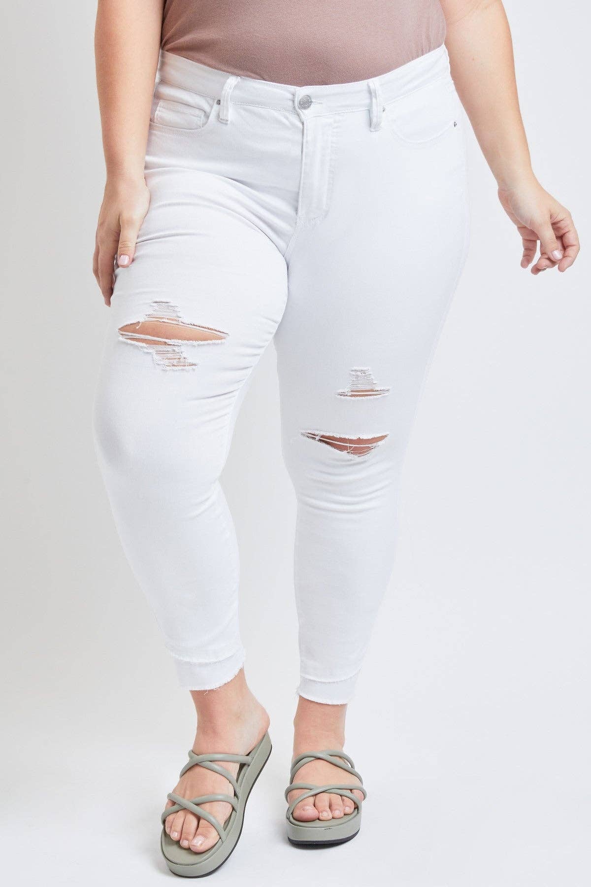 Plus Size Tummy Control Skinny Jeans – Double Slanted Frayed Hem, Distressed, High Rise
