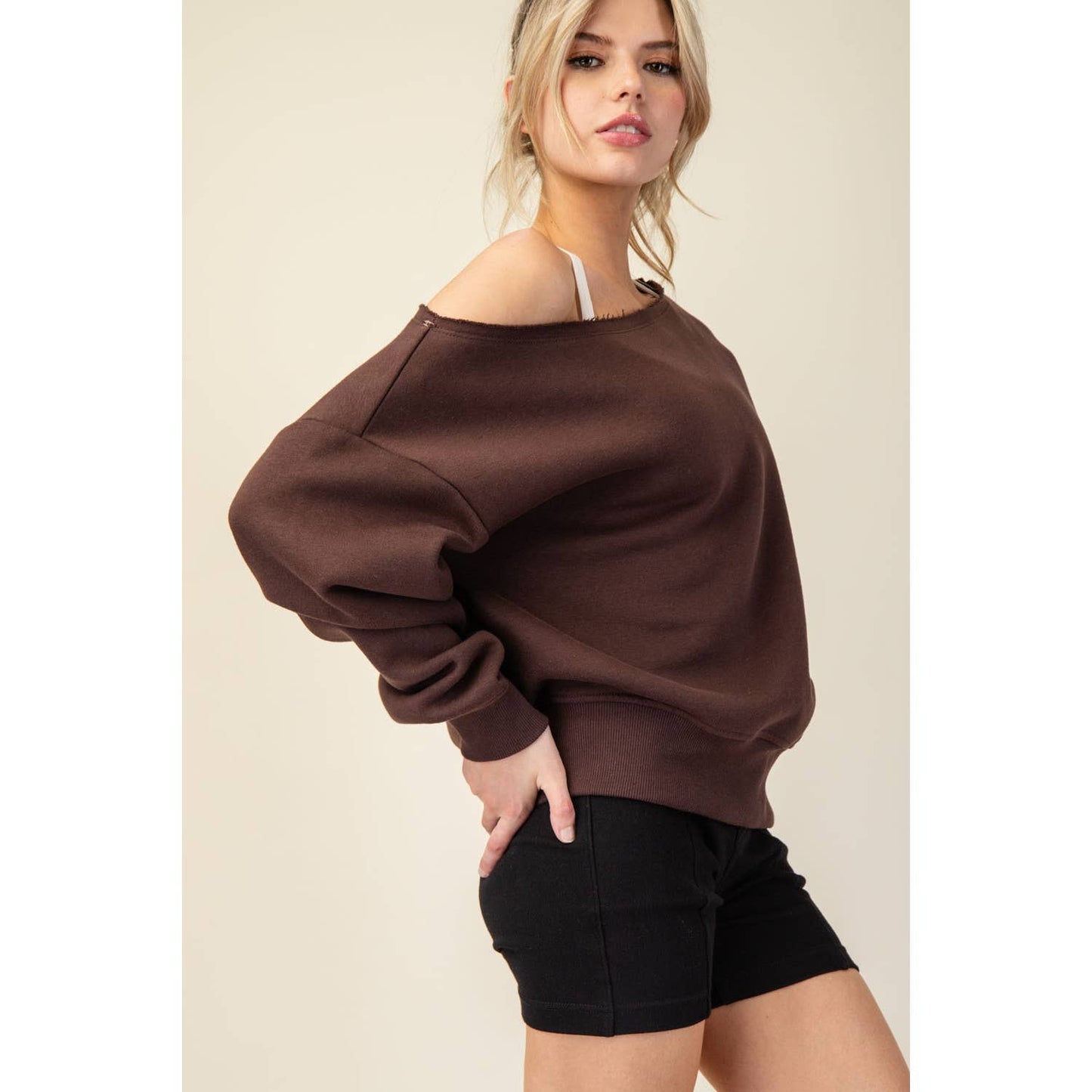 FRENCH TERRY FLEECE OFF SHOULDER TOP