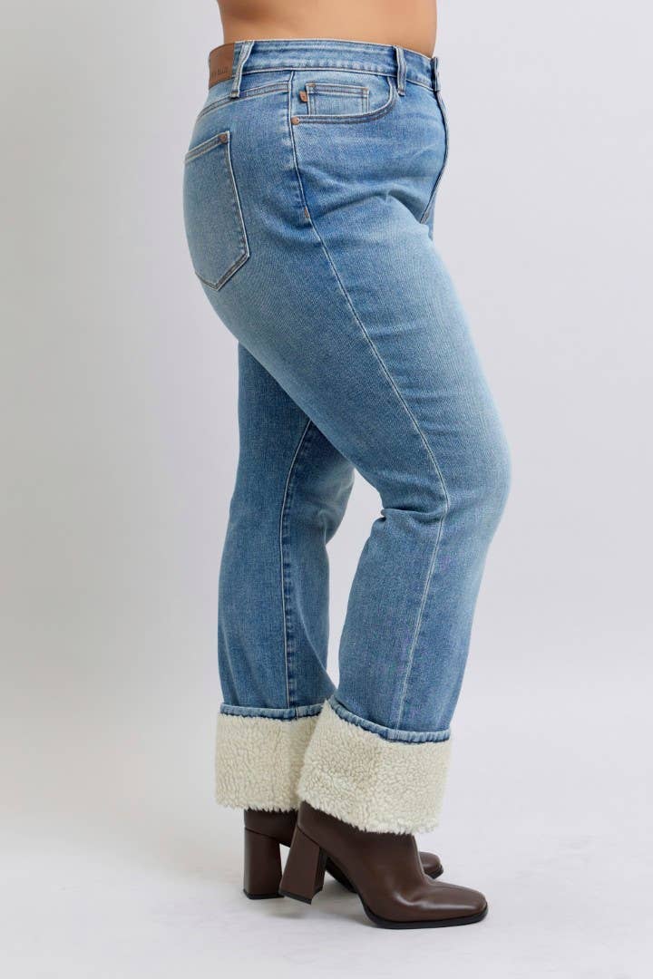 Judy Blue Plus Size High Waisted Shearling Cuff Straight Jeans