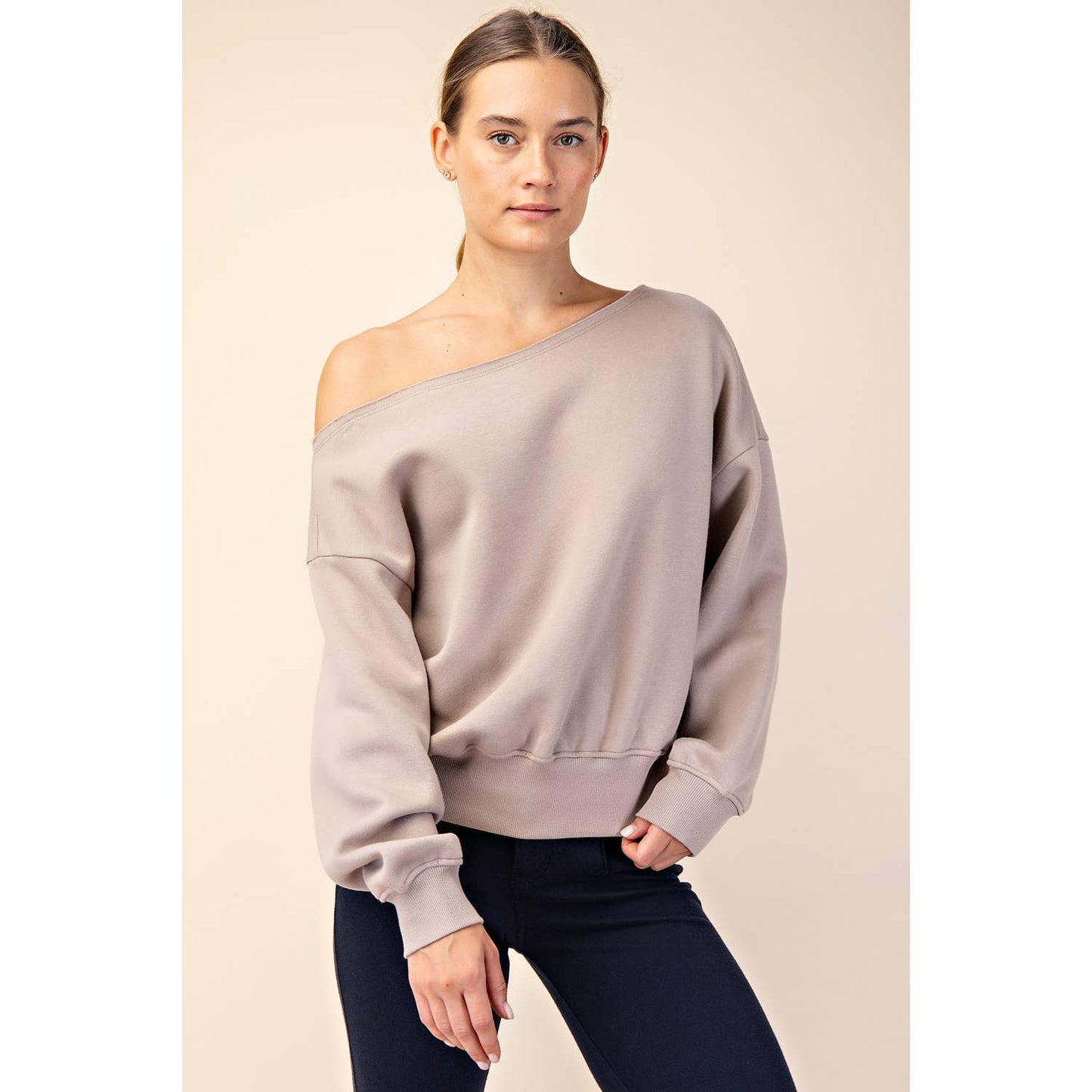 FRENCH TERRY FLEECE OFF SHOULDER TOP