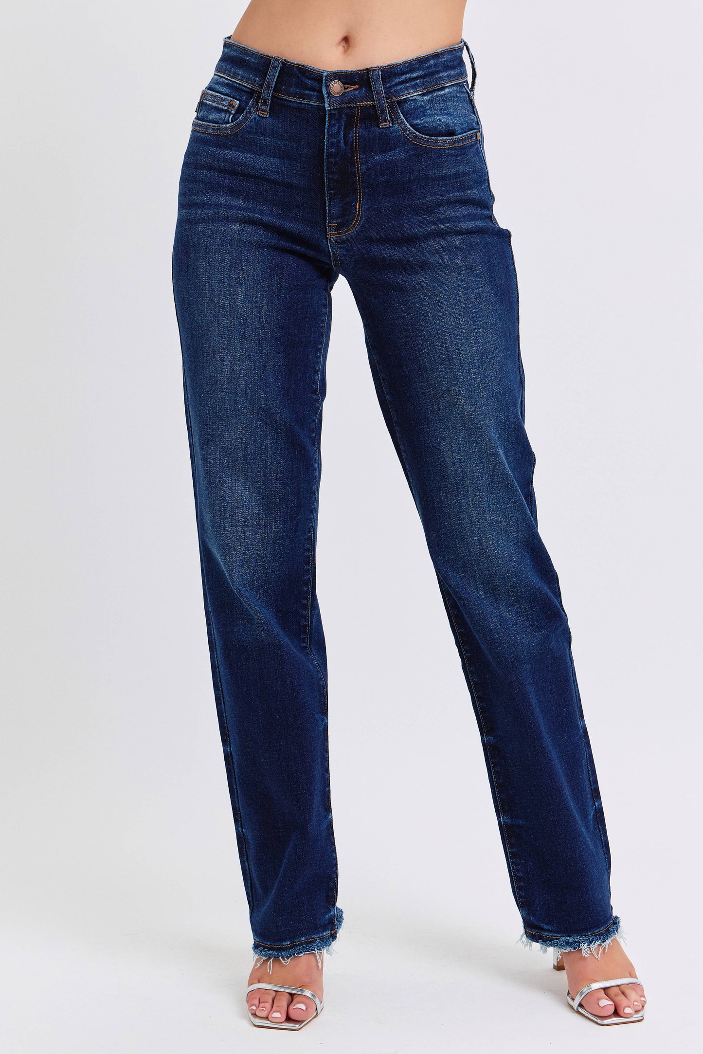 Judy Blue Mid Rise Straight Leg Jeans with Fray Hem