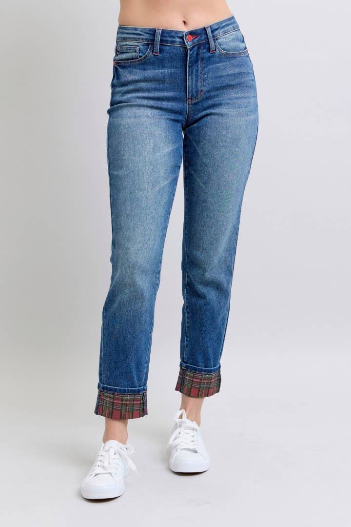 MR Plaid Print Cuff Boyfriend Jeans by Judy Blue – Medium Wash, Cuffed or Uncuffed