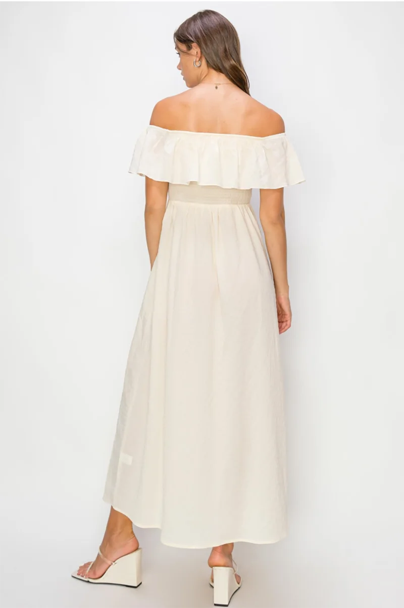 Ruffle Tiered Off Shoulder Smocked Midi Dress – Side Slit