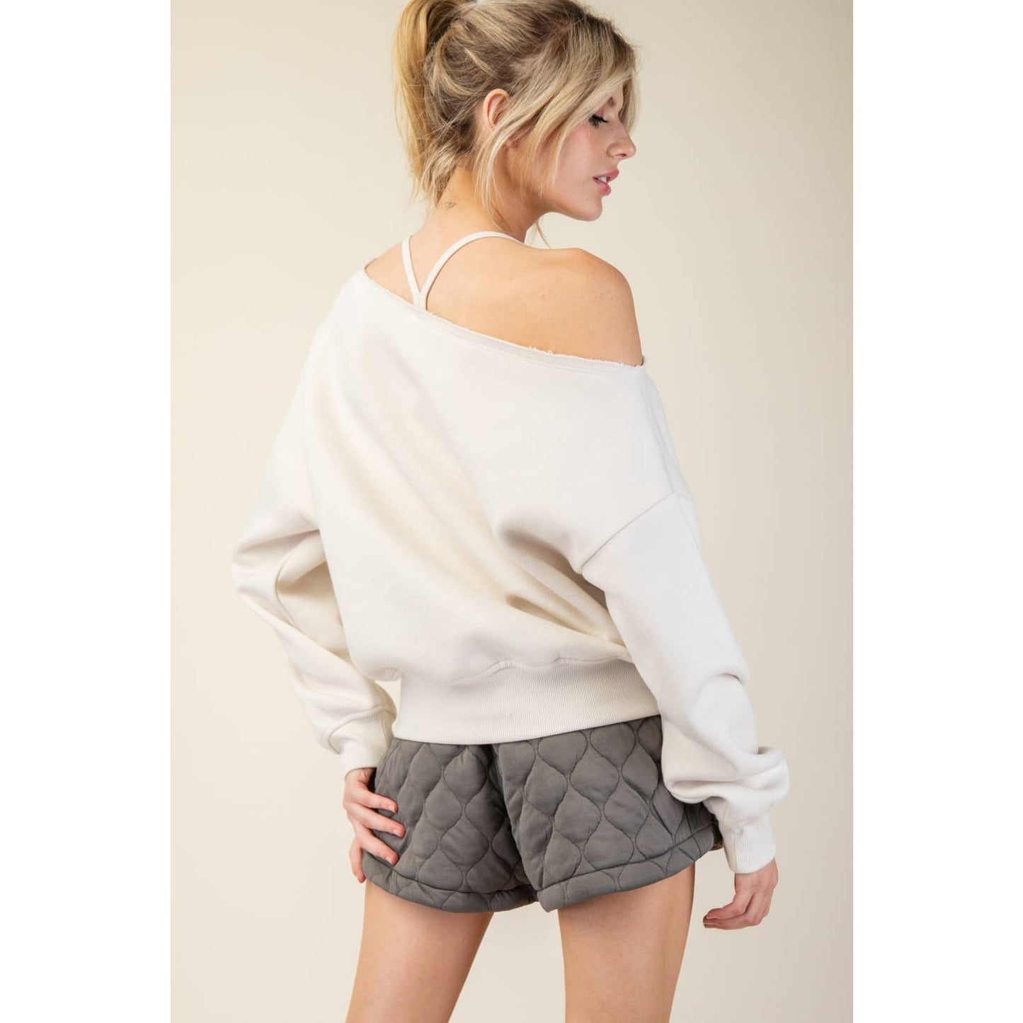 FRENCH TERRY FLEECE OFF SHOULDER TOP