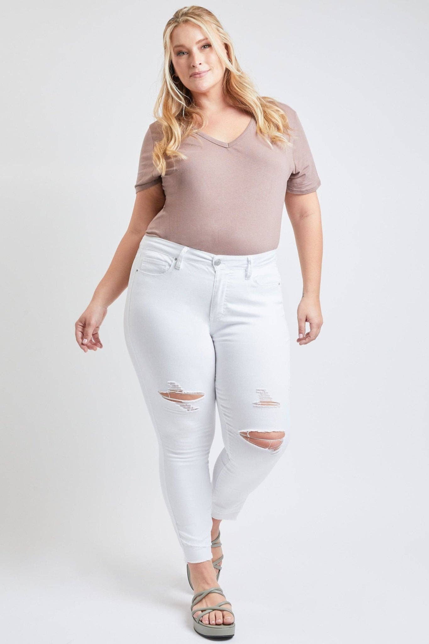 Plus Size Tummy Control Skinny Jeans – Double Slanted Frayed Hem, Distressed, High Rise