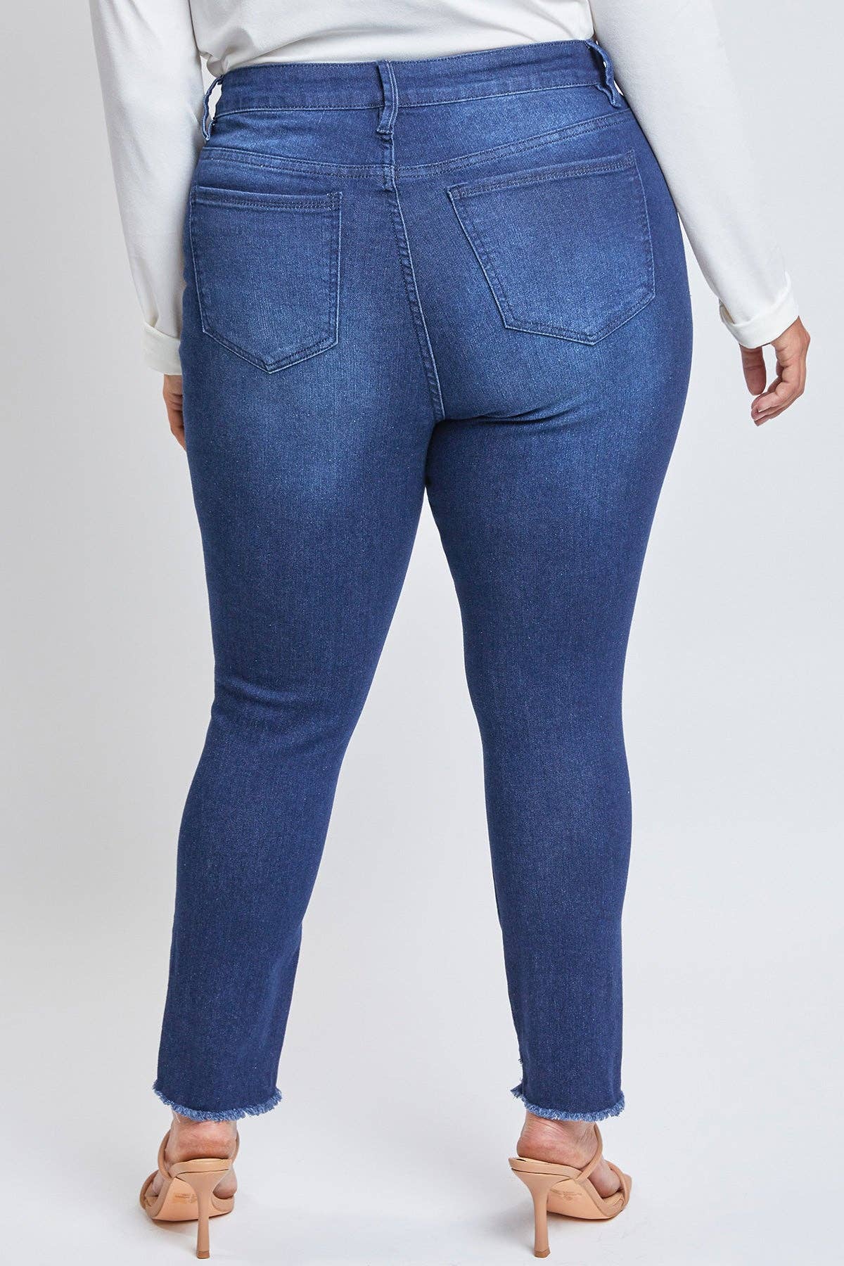 Plus Size Tummy Control Skinny Jeans – Double Slanted Frayed Hem, Distressed, High Rise