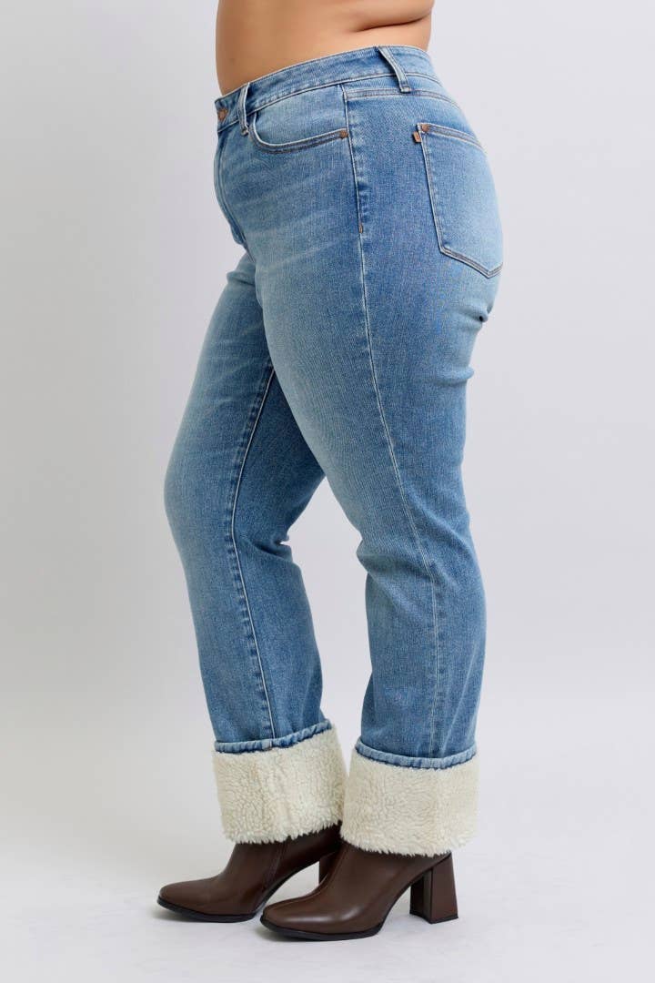 Judy Blue Plus Size High Waisted Shearling Cuff Straight Jeans