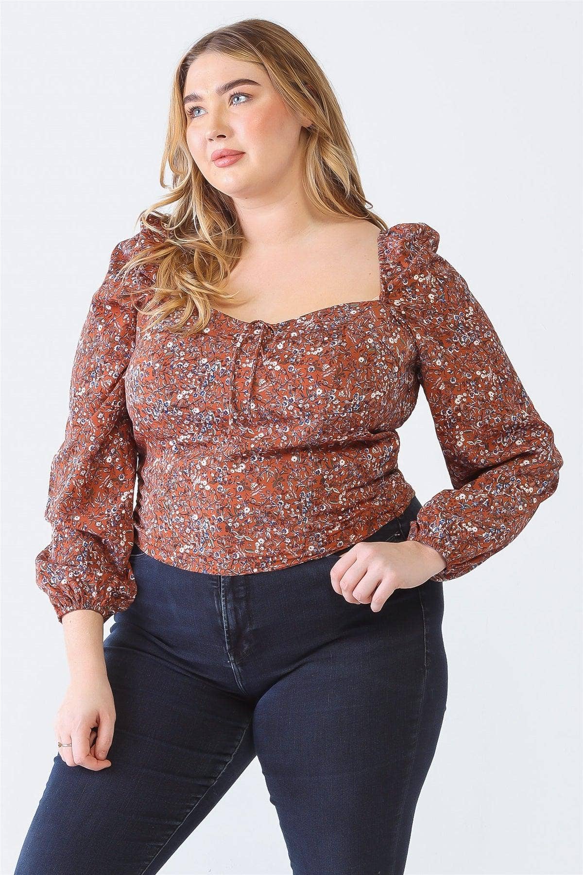 Plus Size Floral Print Square Neck Top – Smocked Back Long Sleeve Blouse