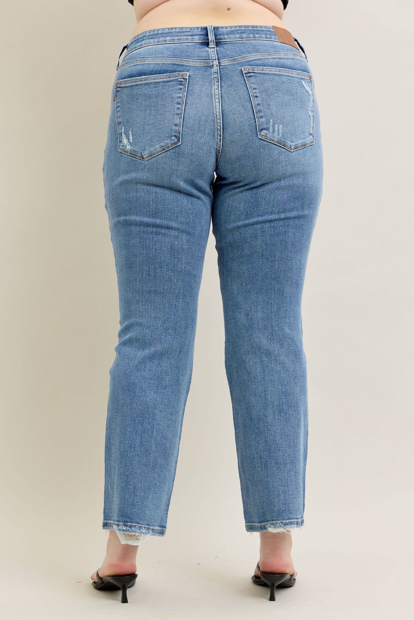 Judy Blue Plus Size Mid Rise Vintage Wash Bootcut Jeans with Distressed Hem