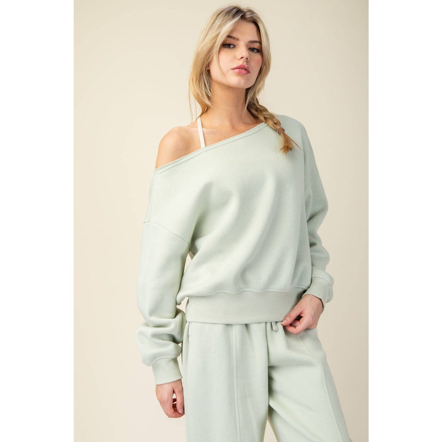 FRENCH TERRY FLEECE OFF SHOULDER TOP