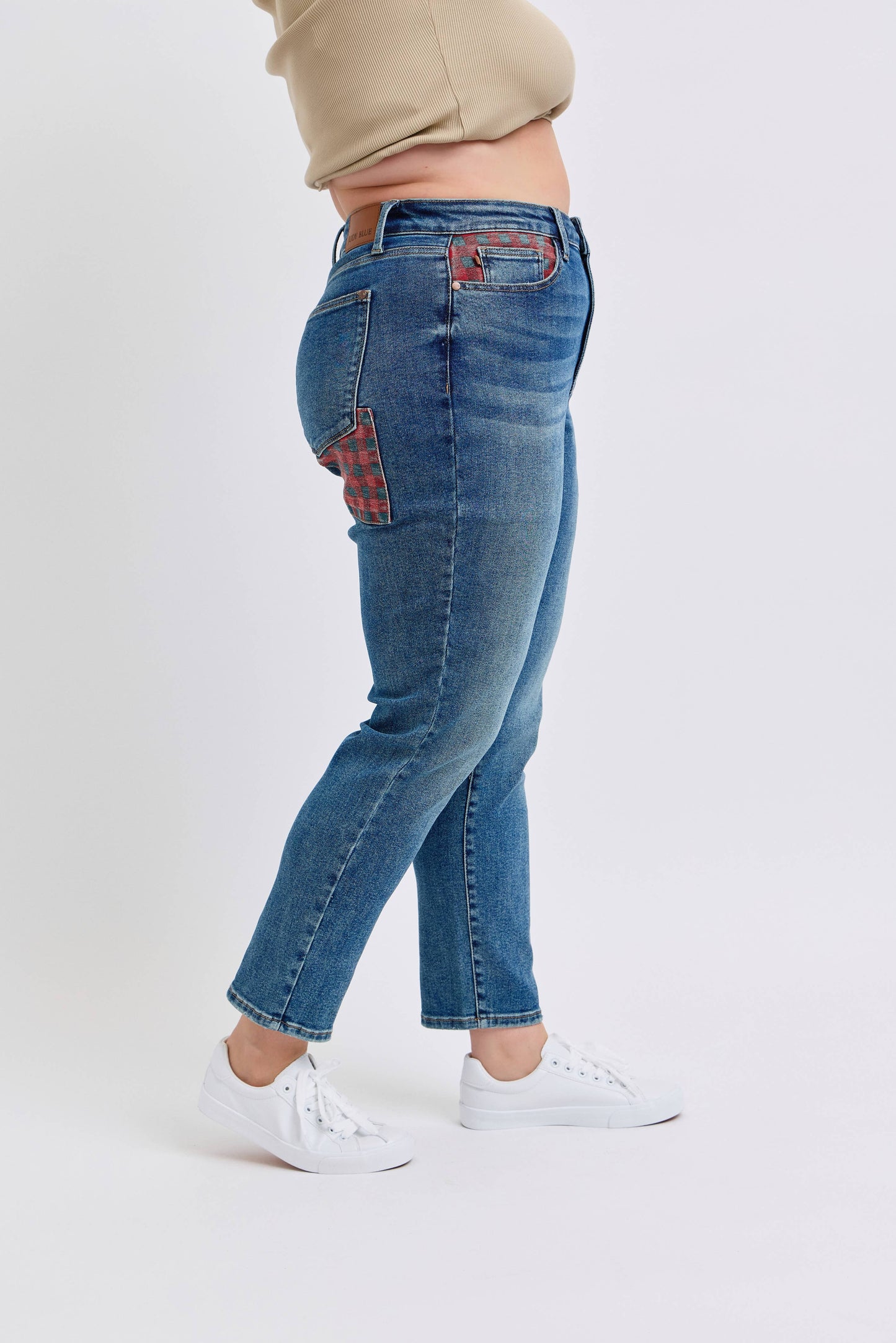 Judy Blue Plus Size High Waisted Plaid Patch Slim Jeans
