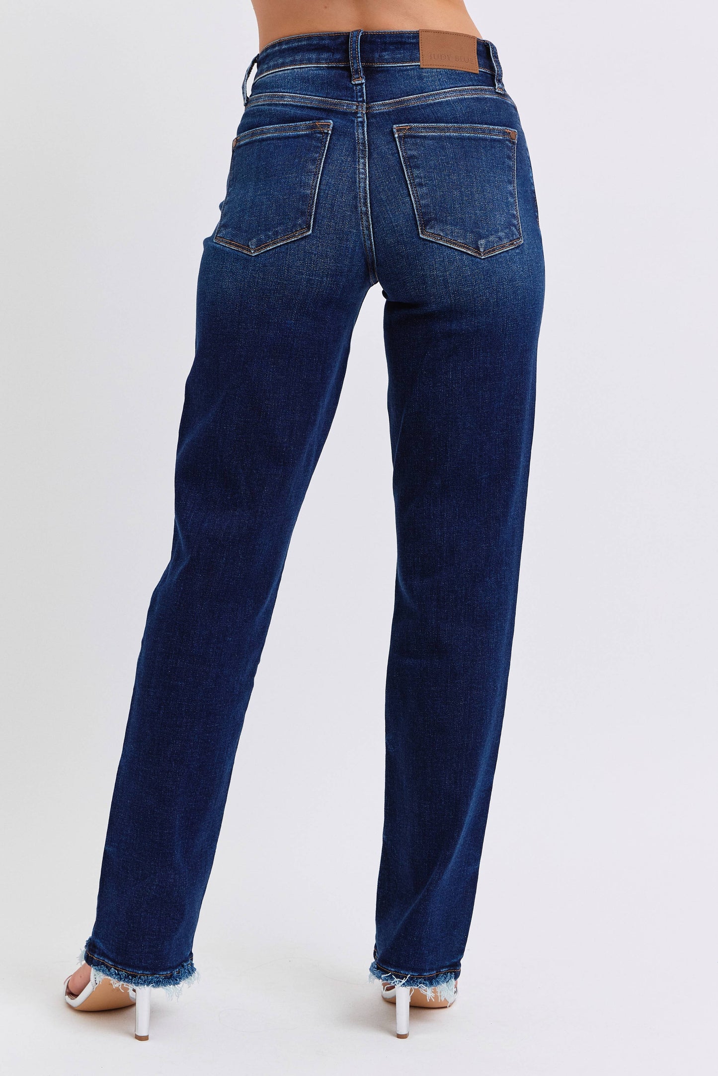 Judy Blue Mid Rise Straight Leg Jeans with Fray Hem