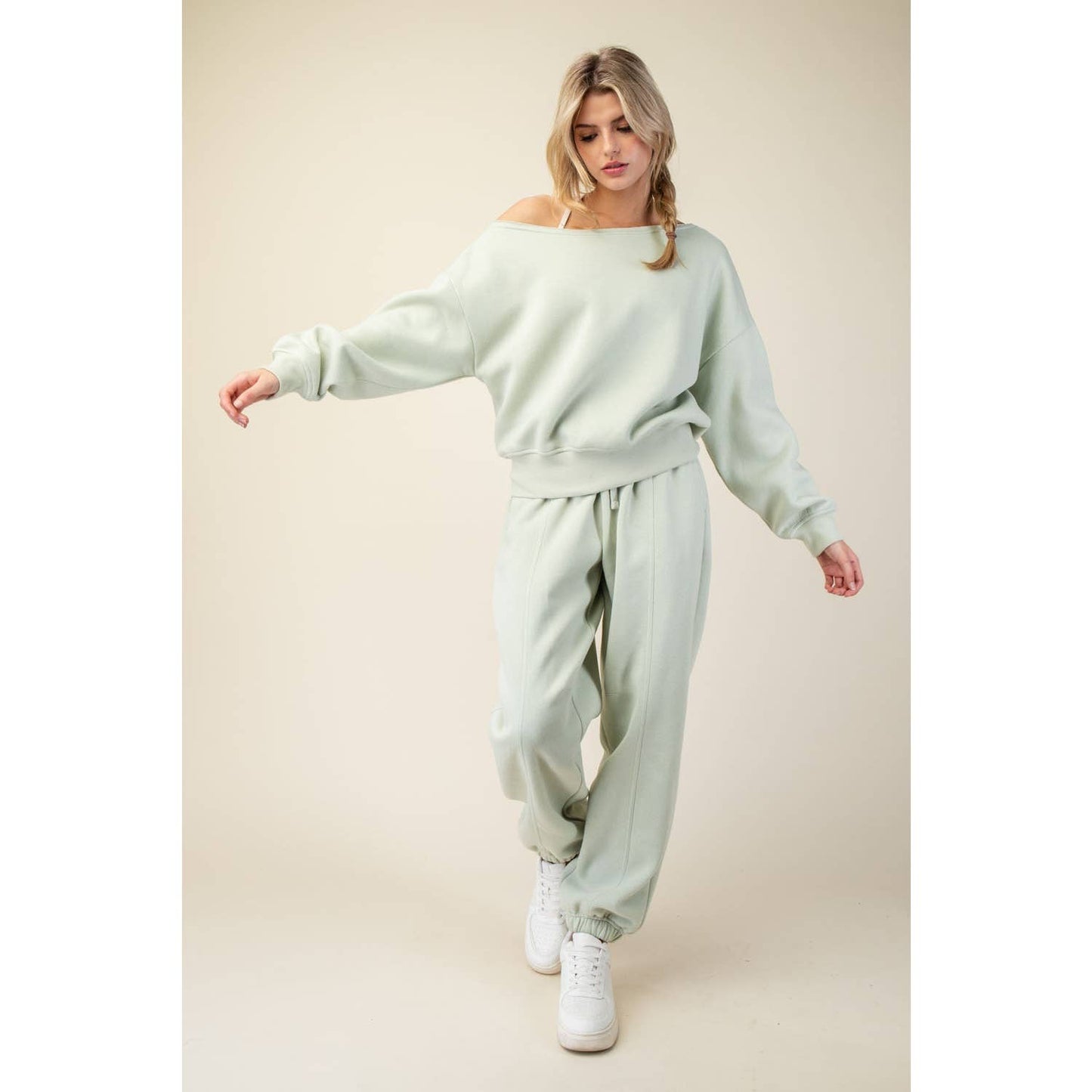 FRENCH TERRY FLEECE OFF SHOULDER TOP