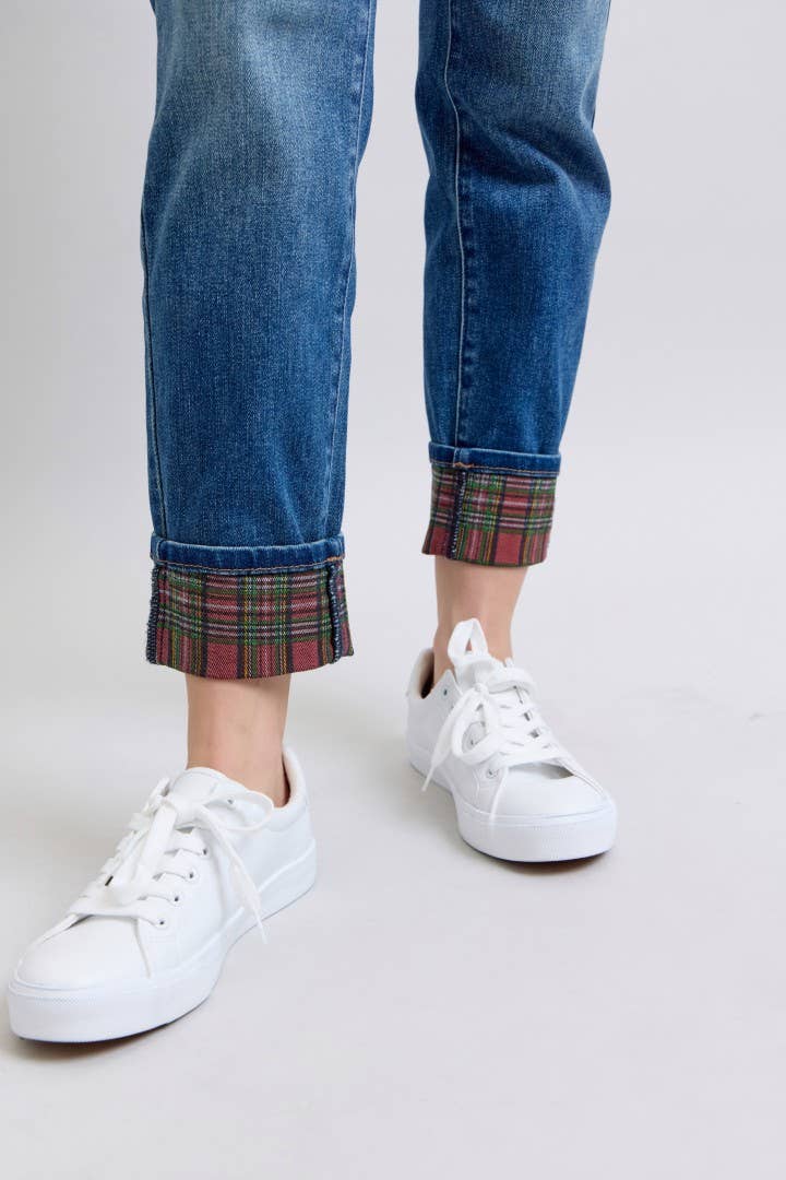 MR Plaid Print Cuff Boyfriend Jeans by Judy Blue – Medium Wash, Cuffed or Uncuffed