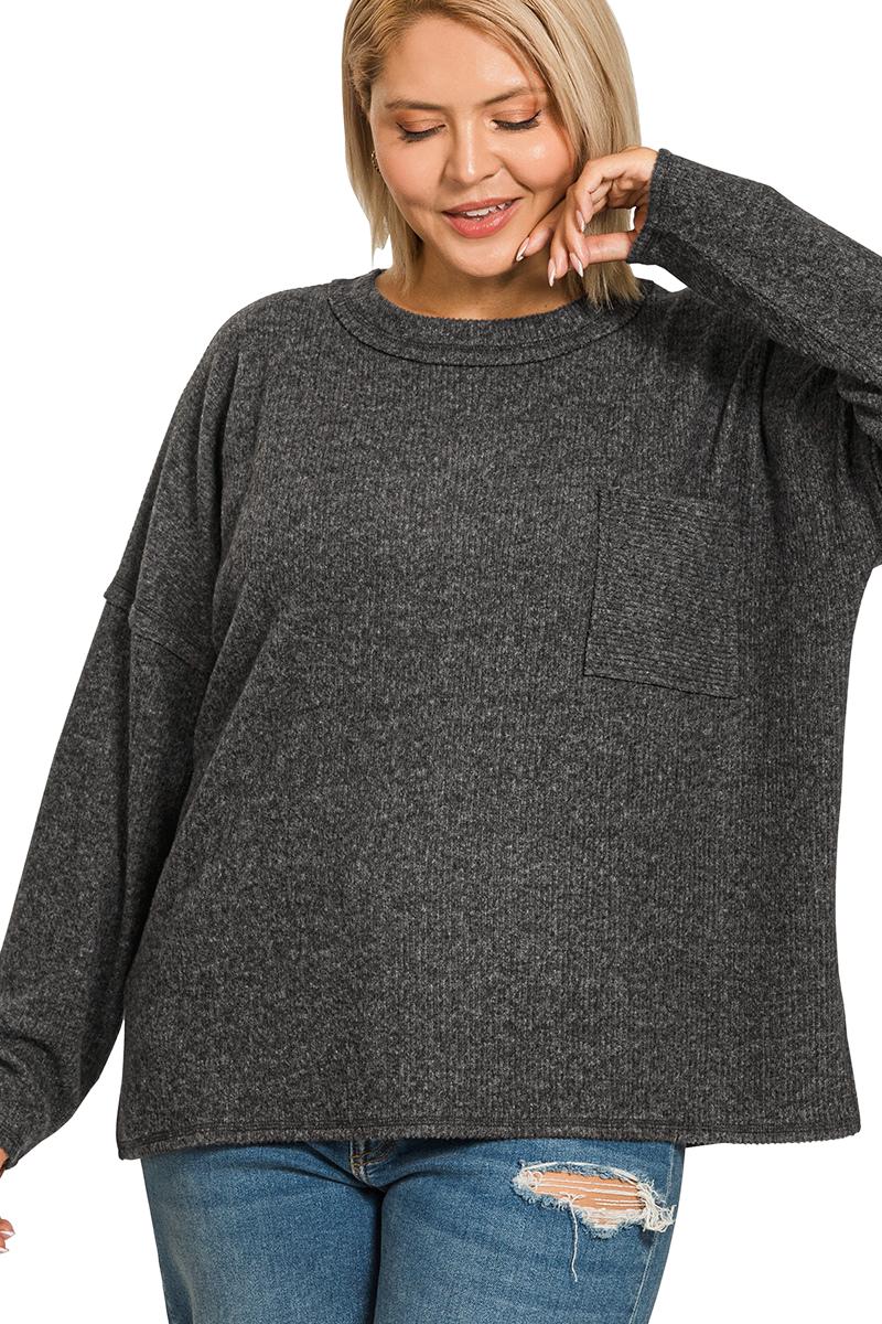 PLUS RIBBED BRUSHED MELANGE HACCI SWEATER WITH A POCKET
