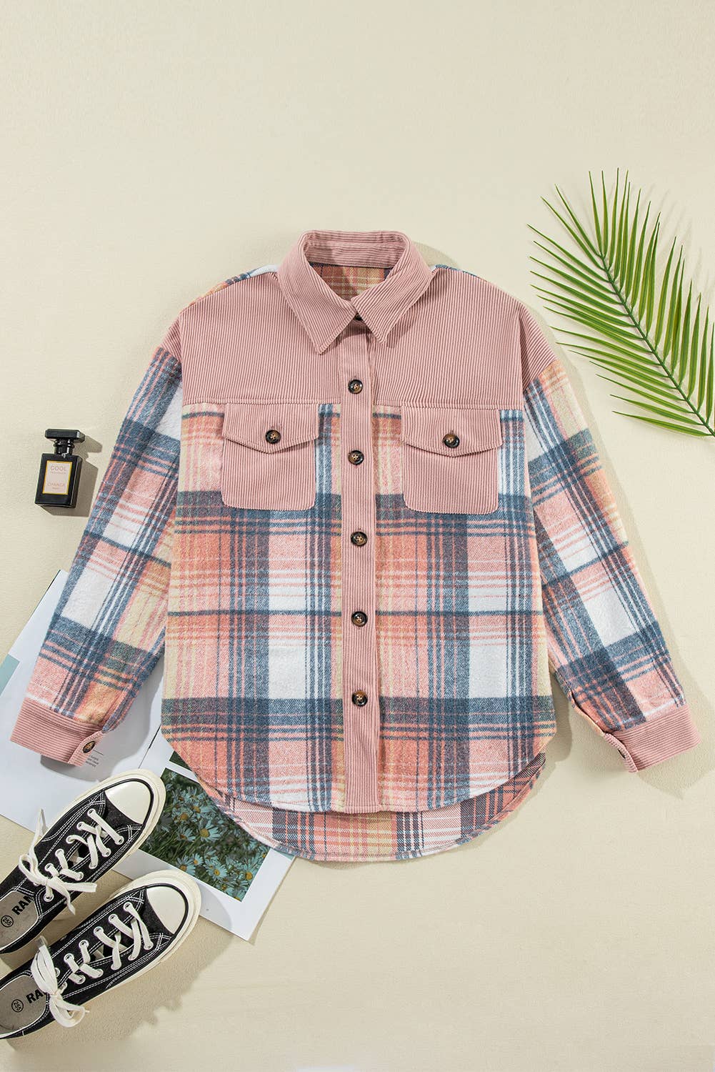 Plaid Corduroy Patchwork Chest Pocket Shacket – Oversized Fall Layer