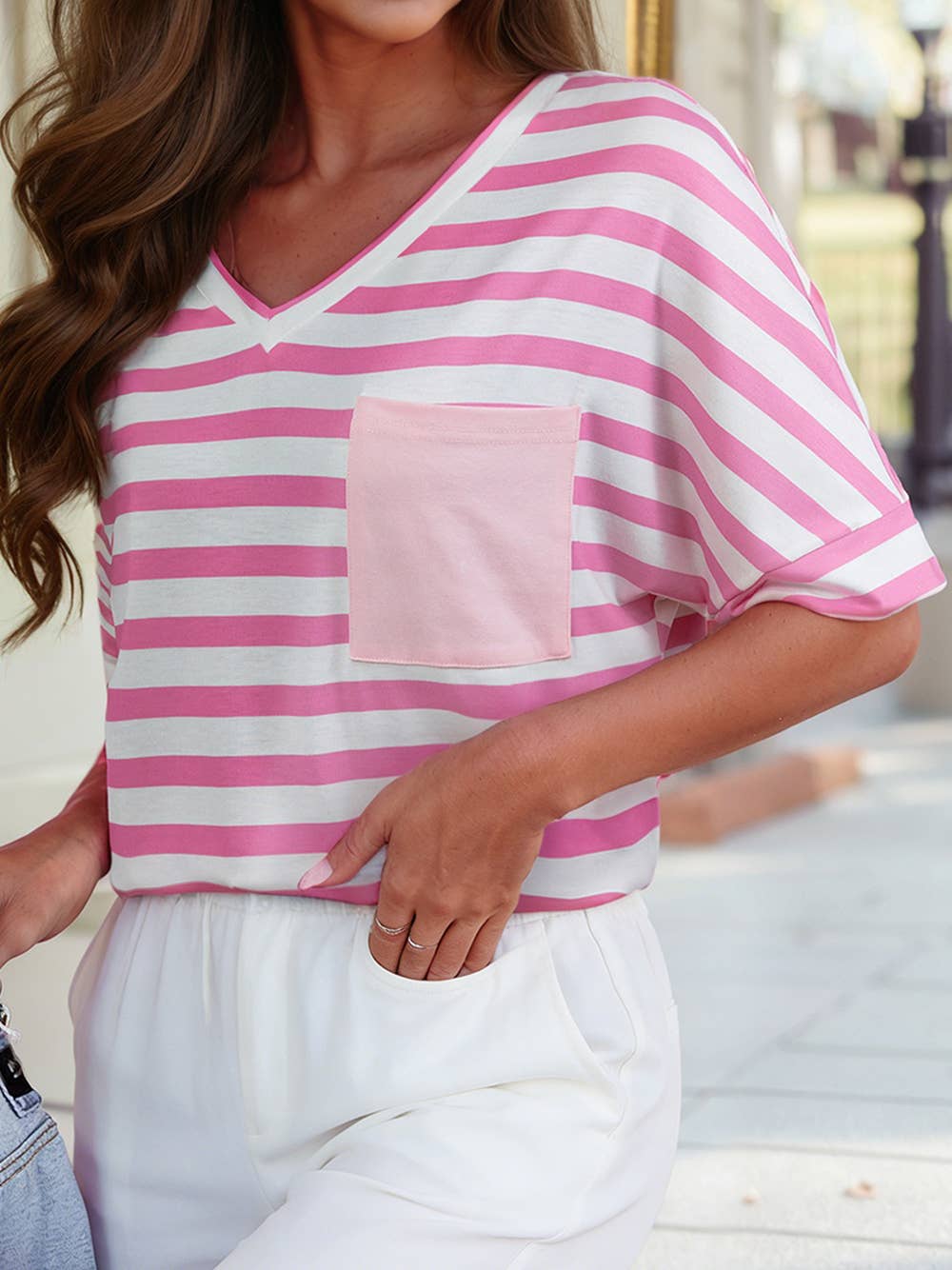 Pink Stripe V Neck Patched Pocket Casual T Shirt