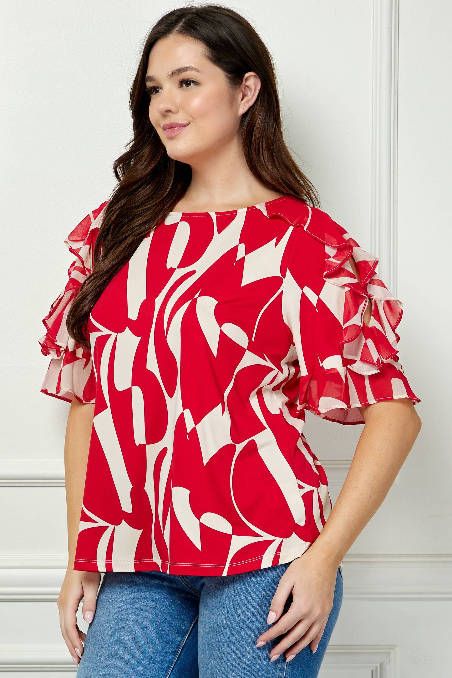 Plus Size Wildly Abstract Boatneck Top with Ruffle Sleeves