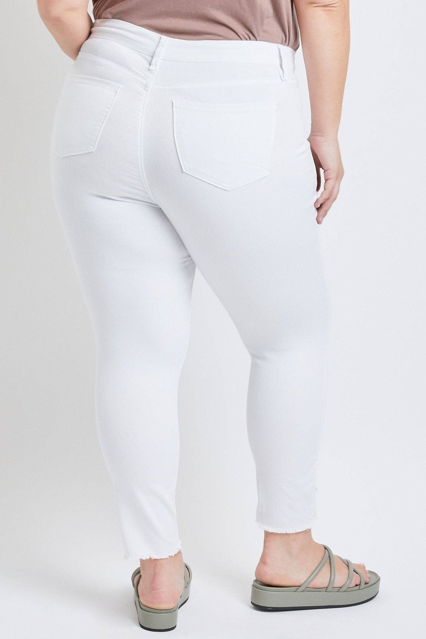 Plus Size Tummy Control Skinny Jeans – Double Slanted Frayed Hem, Distressed, High Rise