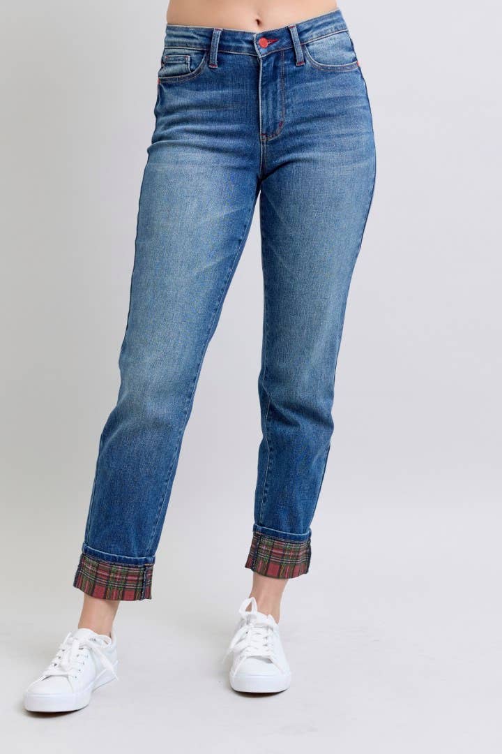 MR Plaid Print Cuff Boyfriend Jeans by Judy Blue – Medium Wash, Cuffed or Uncuffed
