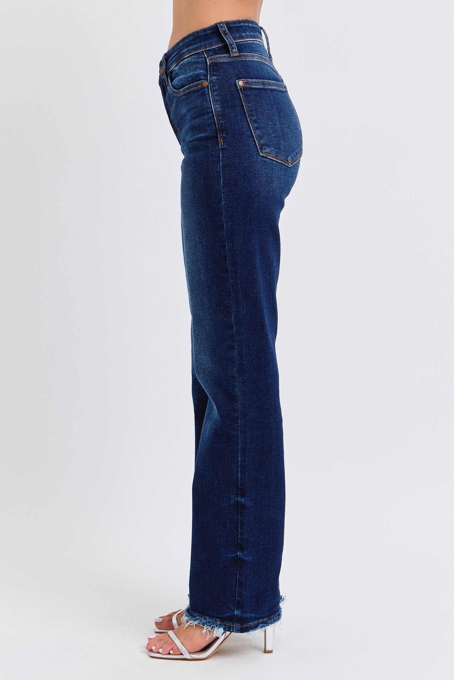 Judy Blue Mid Rise Straight Leg Jeans with Fray Hem