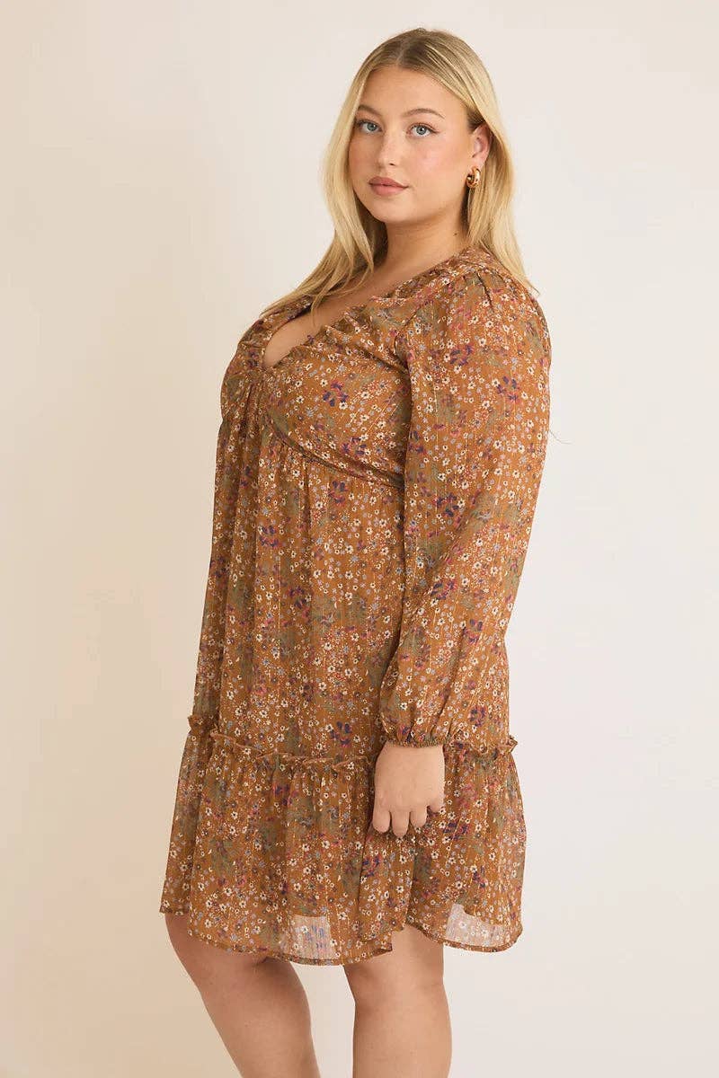 Plus Size Floral Shirring Detail Long Sleeve Mini Dress