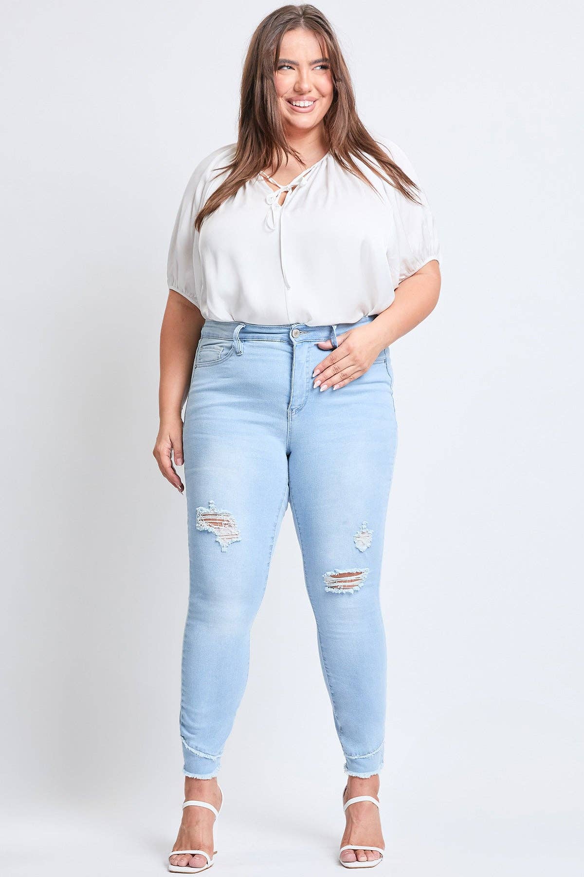 Plus Size Tummy Control Skinny Jeans – Double Slanted Frayed Hem, Distressed, High Rise
